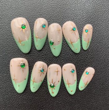 Short Almond Green French Stars Press On Nails