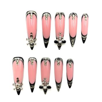 Long Stiletto Black French 3D Nails